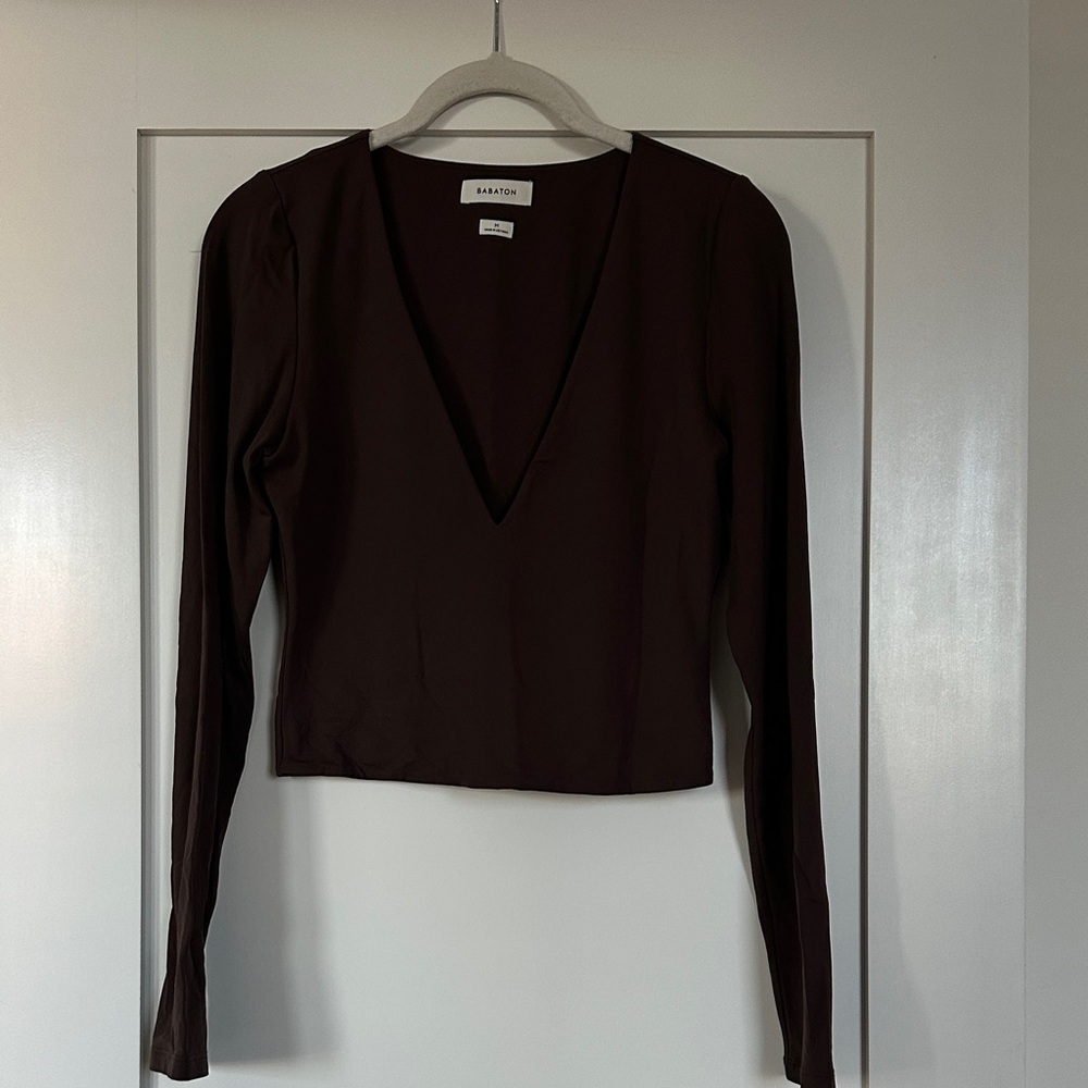 Babaton Deep V-Neck Long Sleeve Top - Dark Brown
